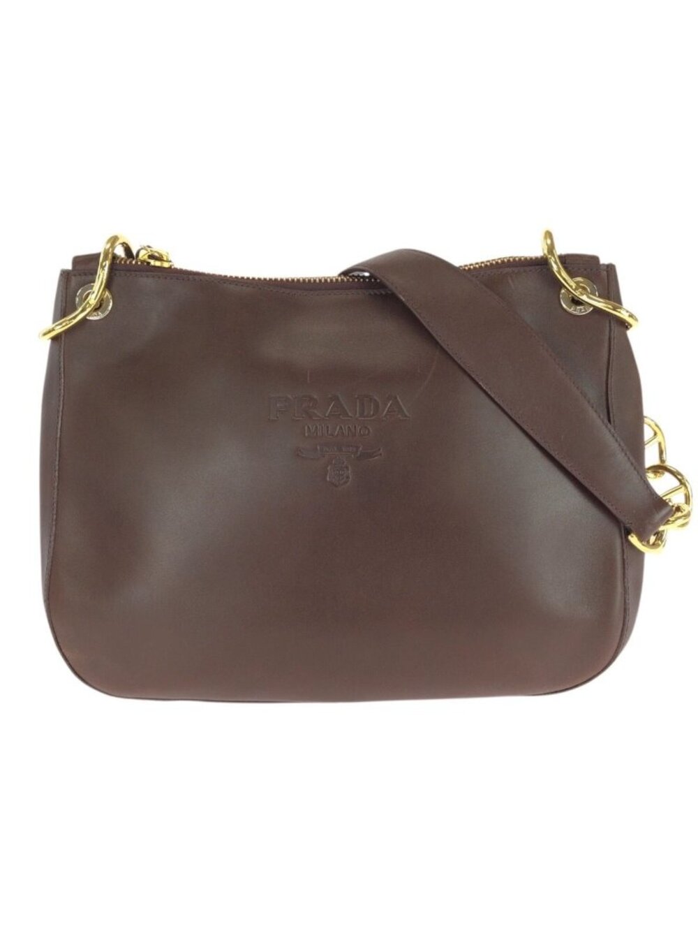 Prada Vintage Embossed Logo Brown Gold Leather Shoulder Bag